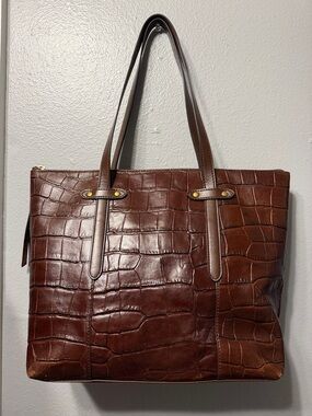 Fossil Brown Leather Crocodile Embossed Grey Lined Tote